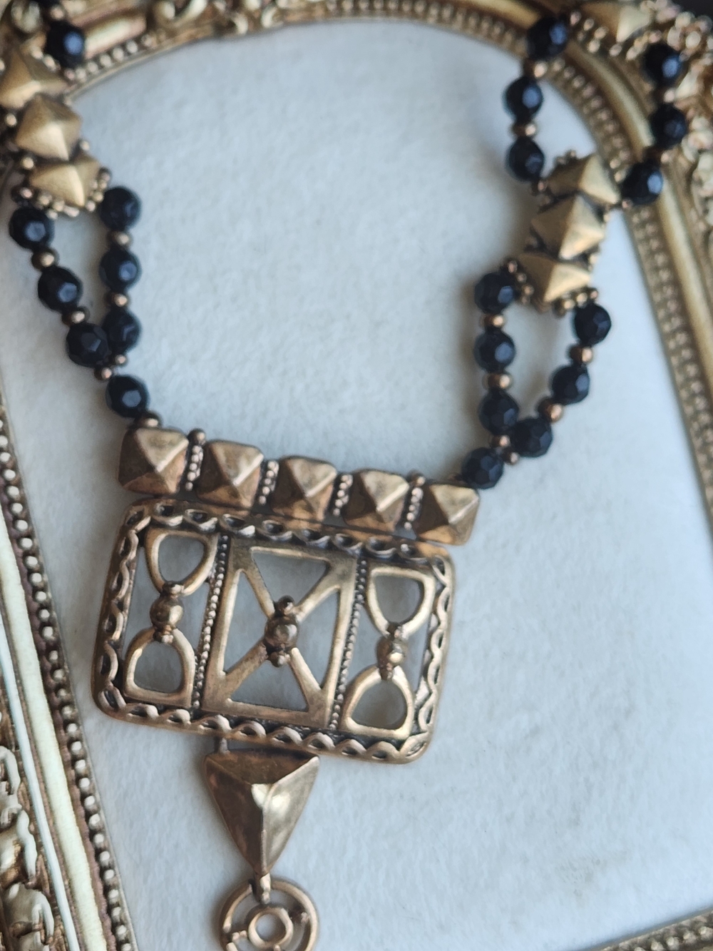Chico's Boho Gold & Black Tribal Statement Pendant Necklace Adjustable Choker